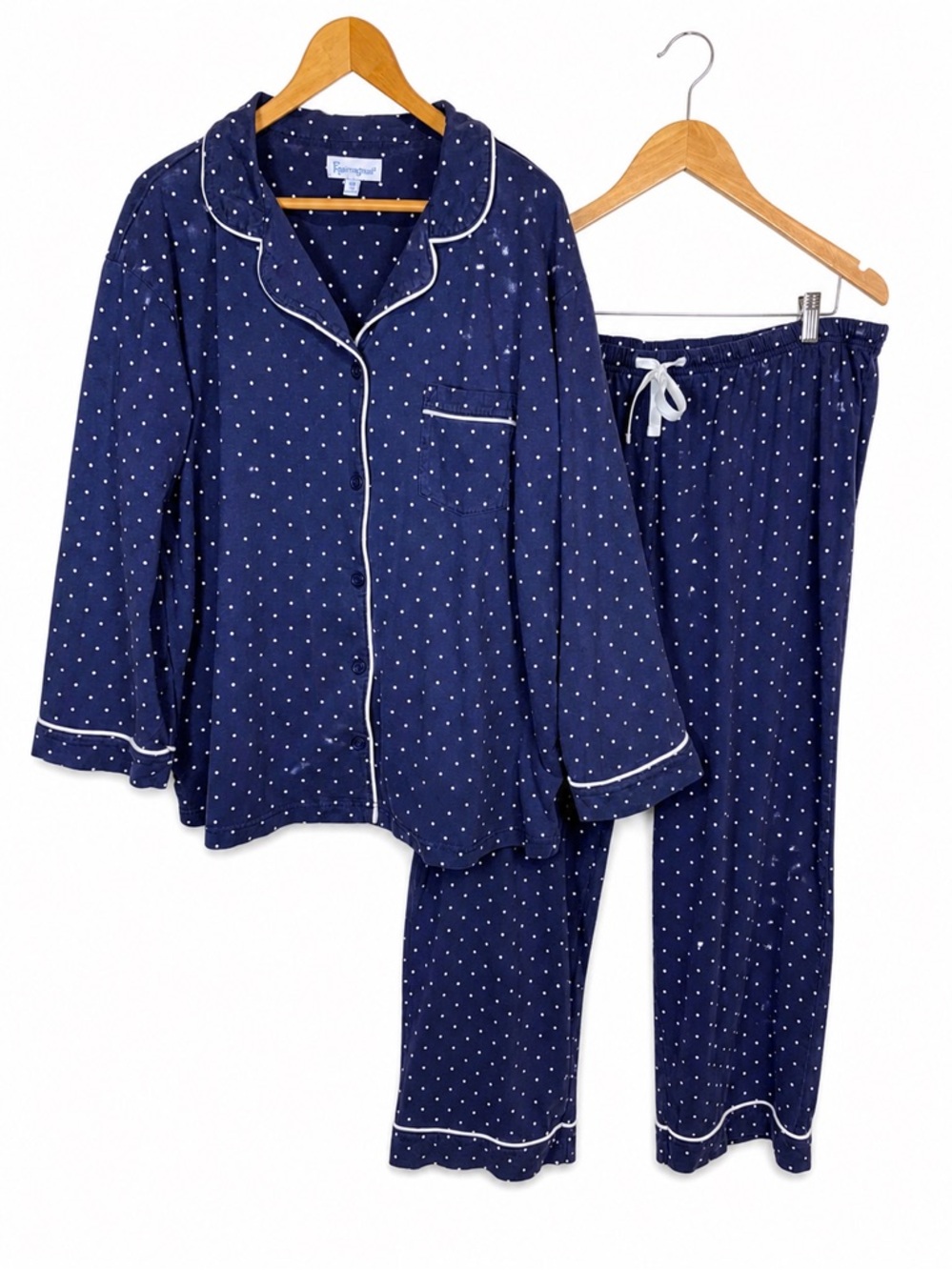 Pajamagram 1X Cotton Navy White Polka Dot Pajama Set Loungewear Sleepwear